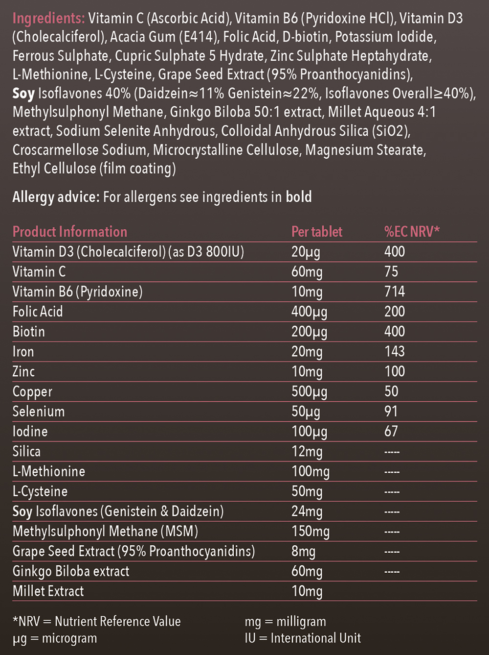 Hair Vitalics for Women food supplements for healthy hair growth - nutritional information and ingredients